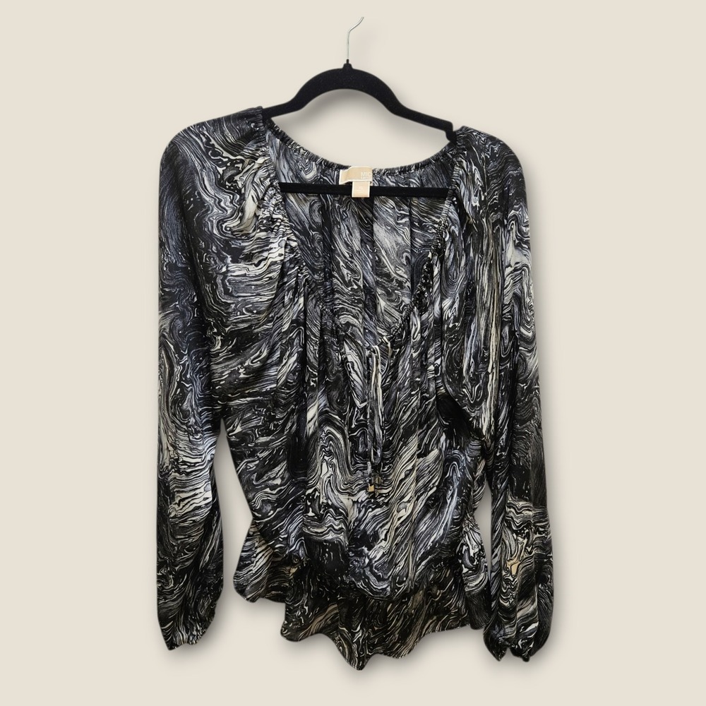 Michael Kors Blouse Top Black White Marble Print Long Sleeve Women's XL‎